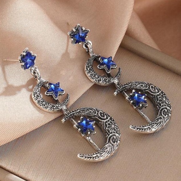 Celestial Blue Rhinestones Crescent Moon & Star Silver tone Long Earrings - Picture 1 of 6